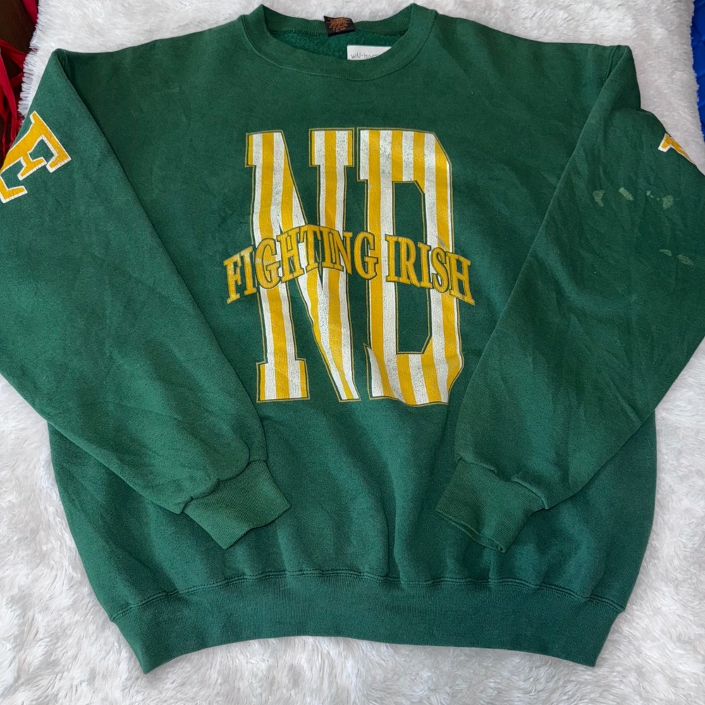 Vintage Notre Dame Fighting Irish Crewneck Sweatshirt Green Yellow Mens XL
